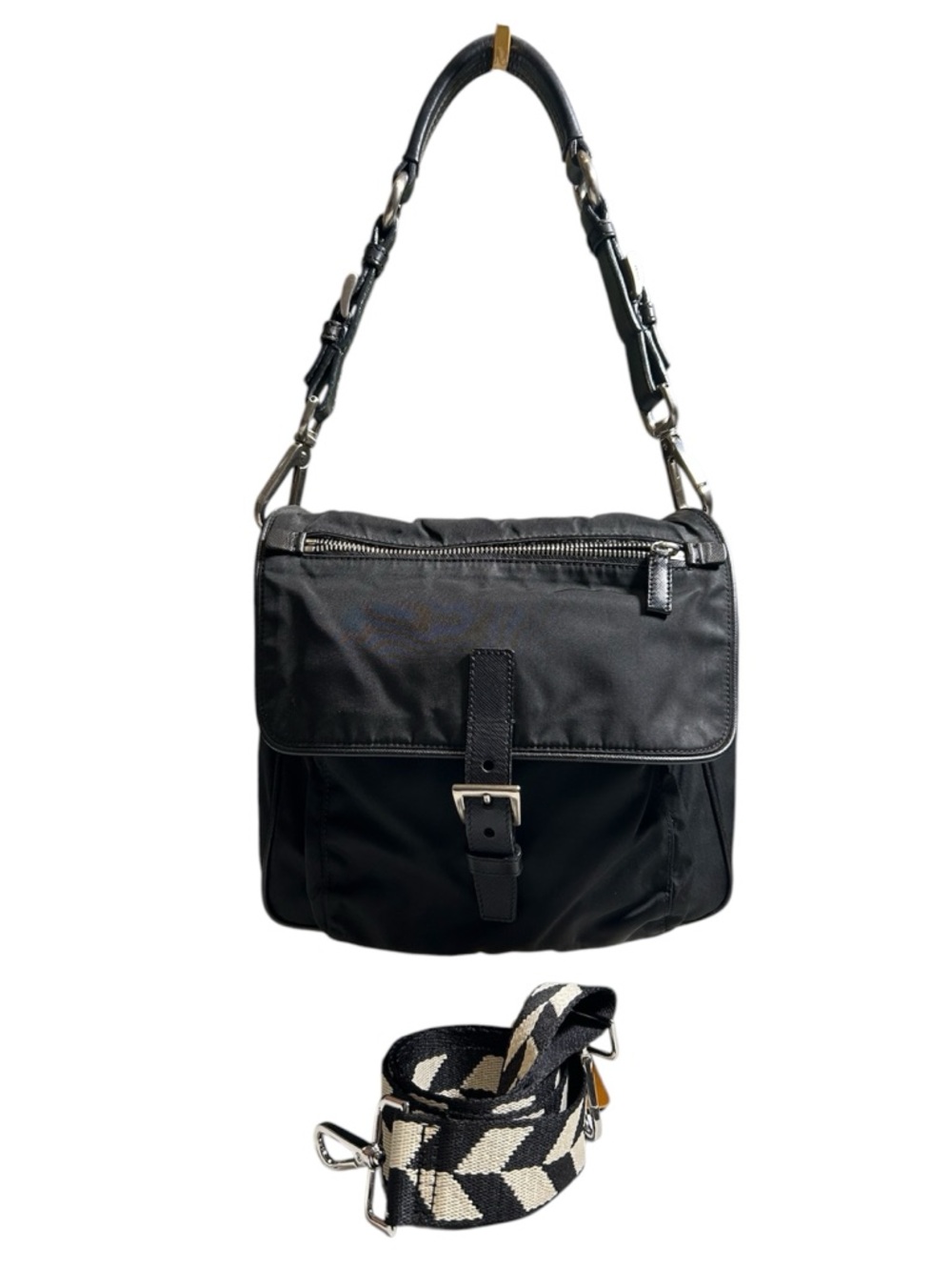 Prada Black Nylon Hobo with Buckle Flap and Removable Patterned Strap